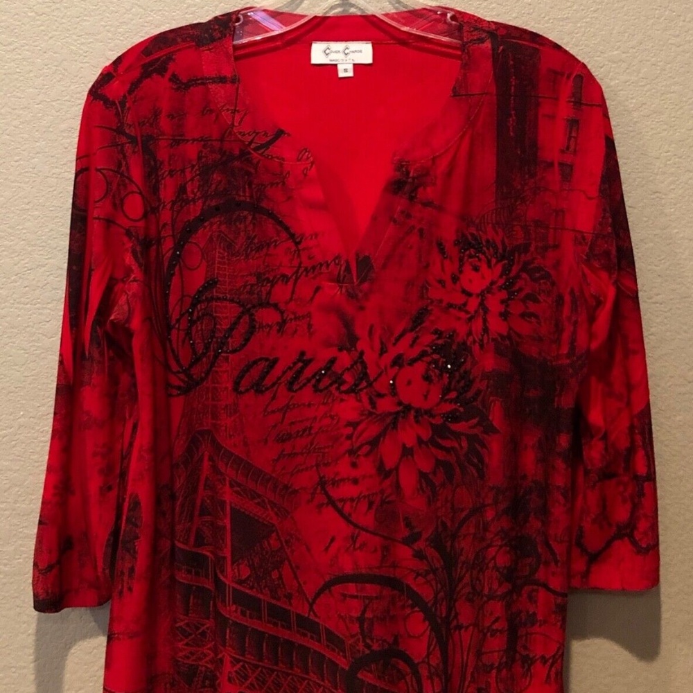 Women's Cover Charge Red/Black Embellished Paris 3/4 Adjustable Sleeve Top S